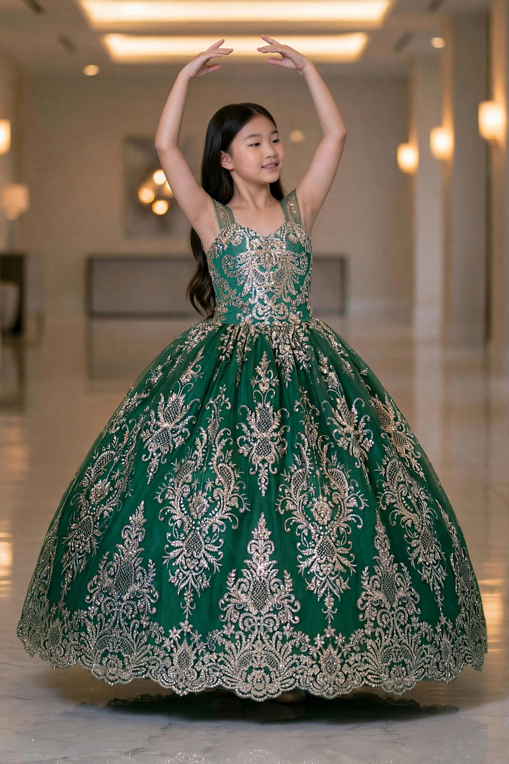 "Emerald Enchantress" – Royal Green & Gold Baroque Ball Gown with Sheer Illusion Straps