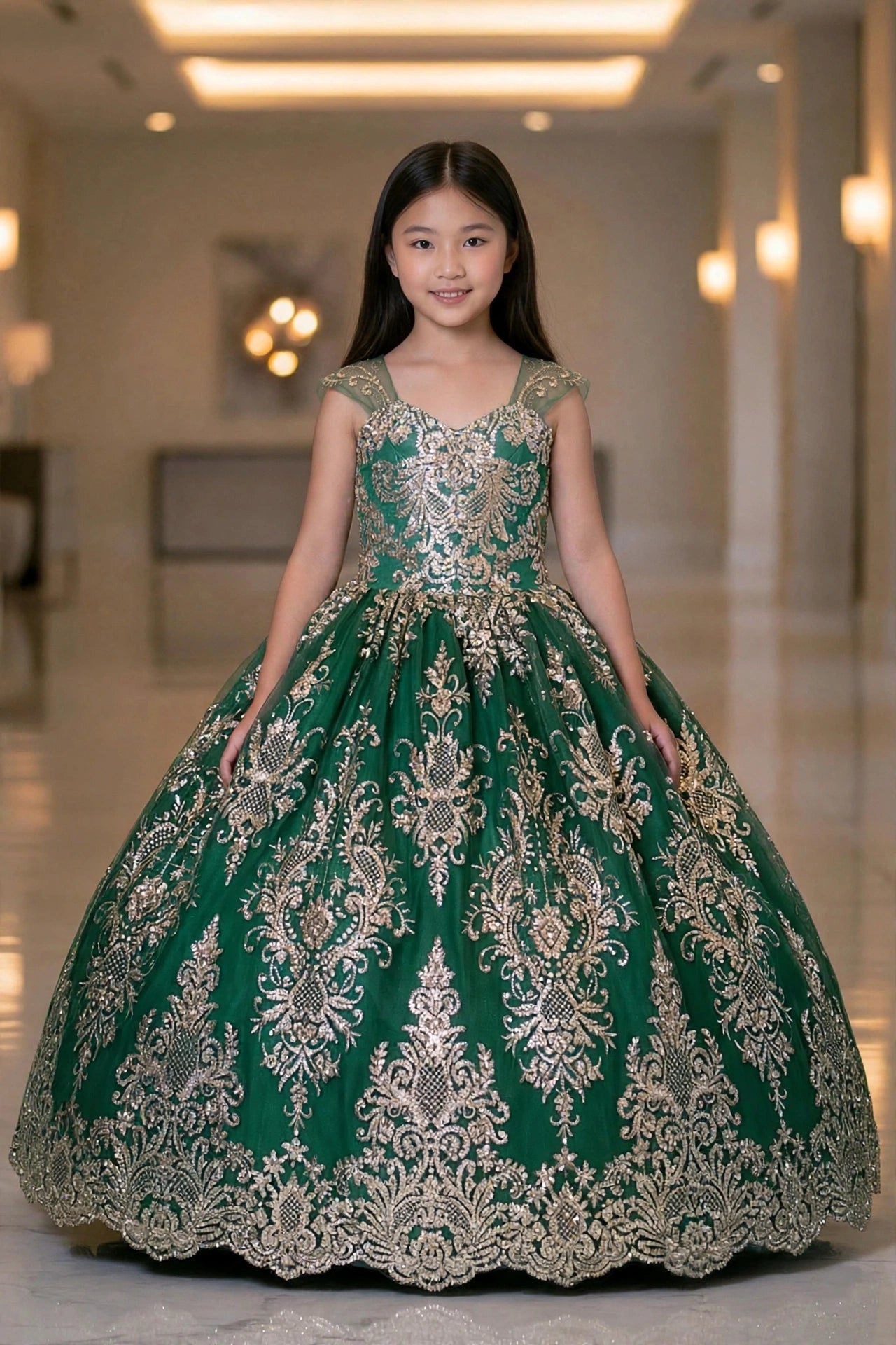 "Emerald Enchantress" – Royal Green & Gold Baroque Ball Gown with Sheer Illusion Straps
