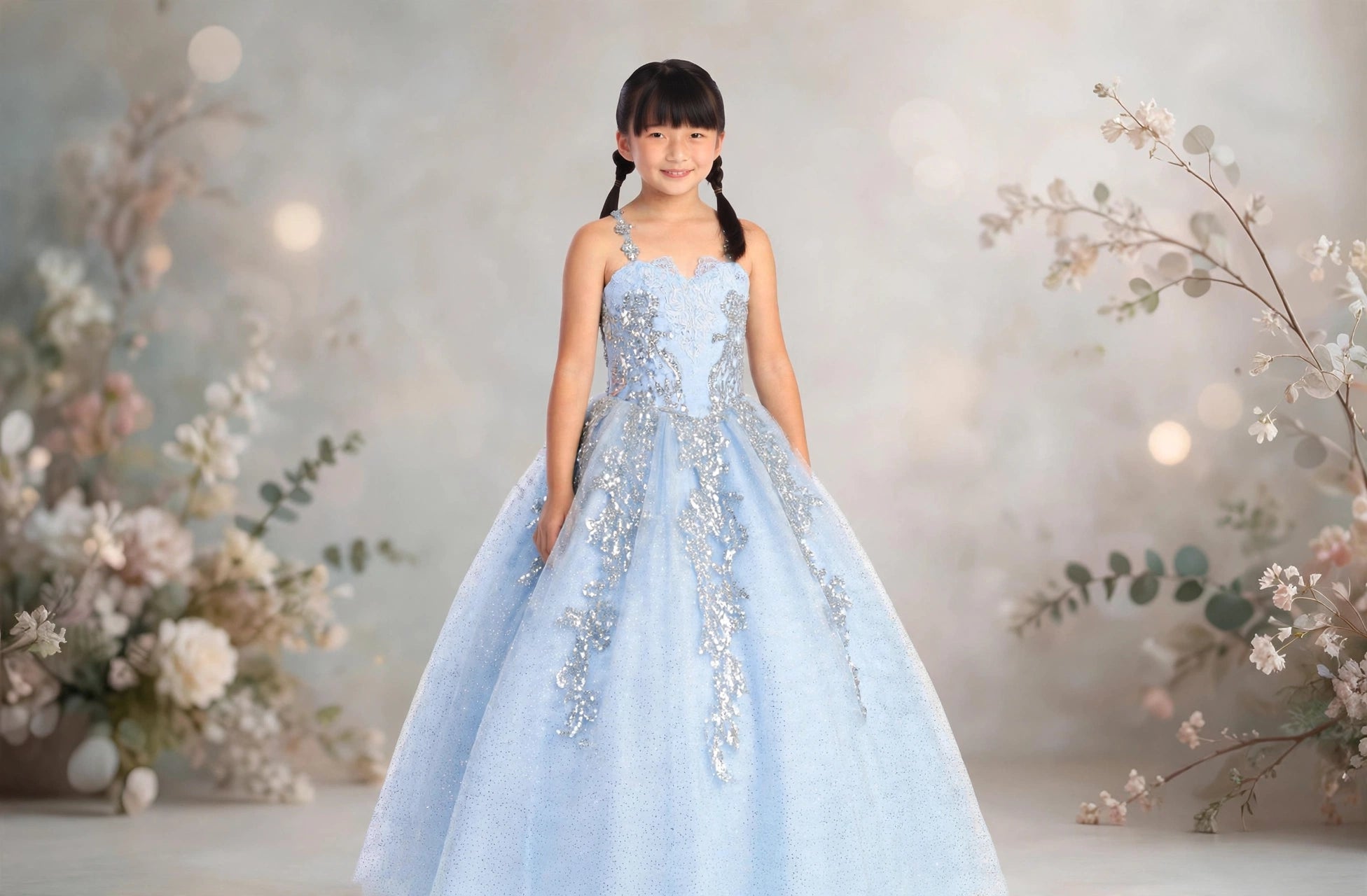 Celeste - Ice Blue Glitter Tulle Ball Gown with Silver Sequin Appliqué & Corset Lace-Up Back
