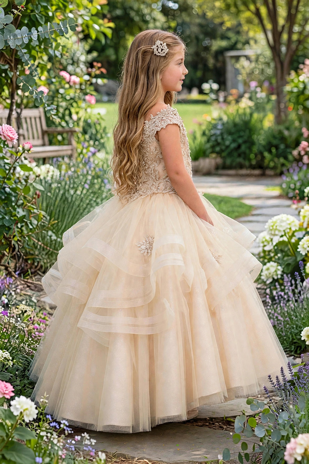 Arabella - Champagne Lace Bodice & Layered Ruffle Tulle Ball Gown | Flower Girl Dress