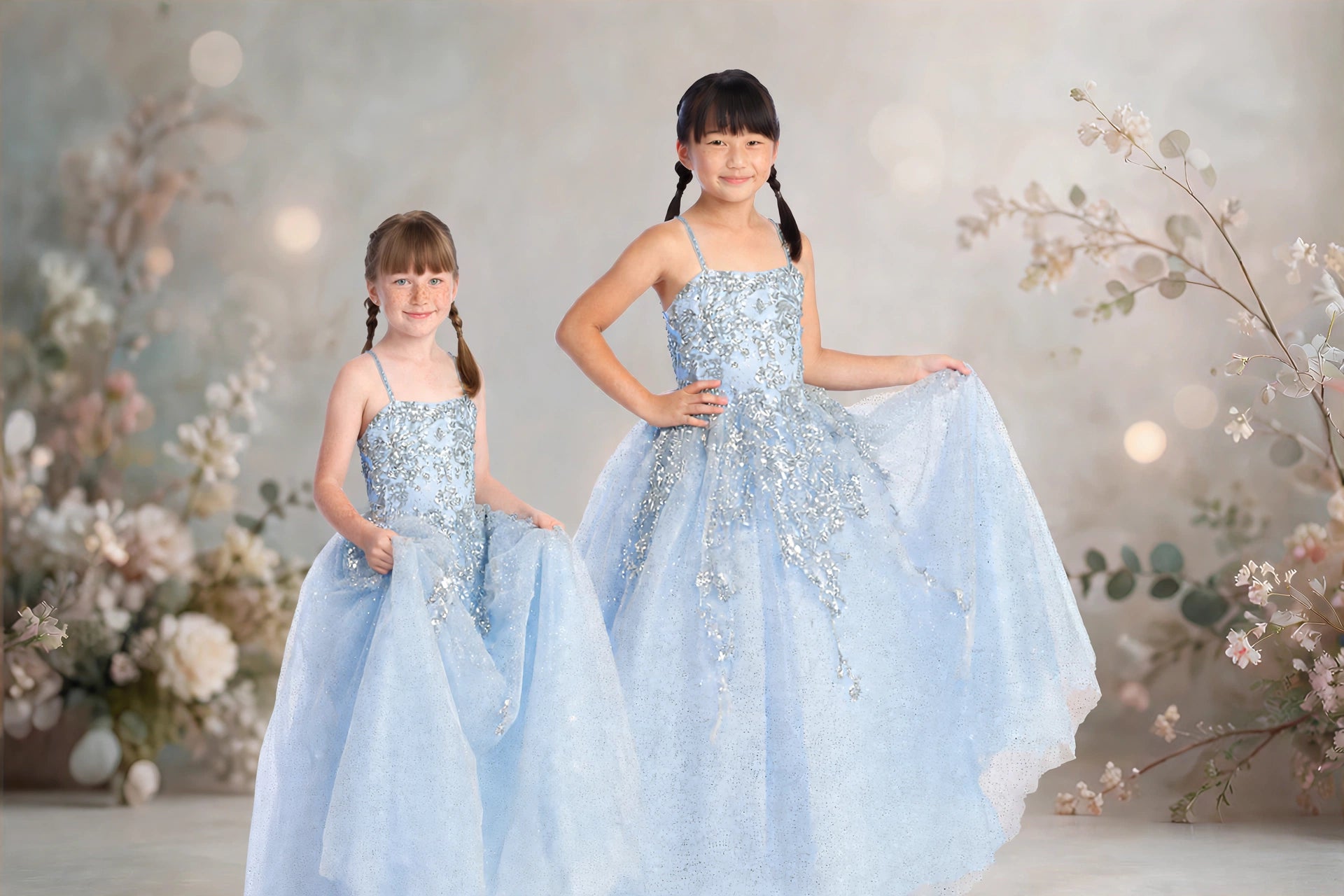 Celeste - Ice Blue Glitter Tulle Ball Gown with Silver Sequin Appliqué & Corset Lace-Up Back