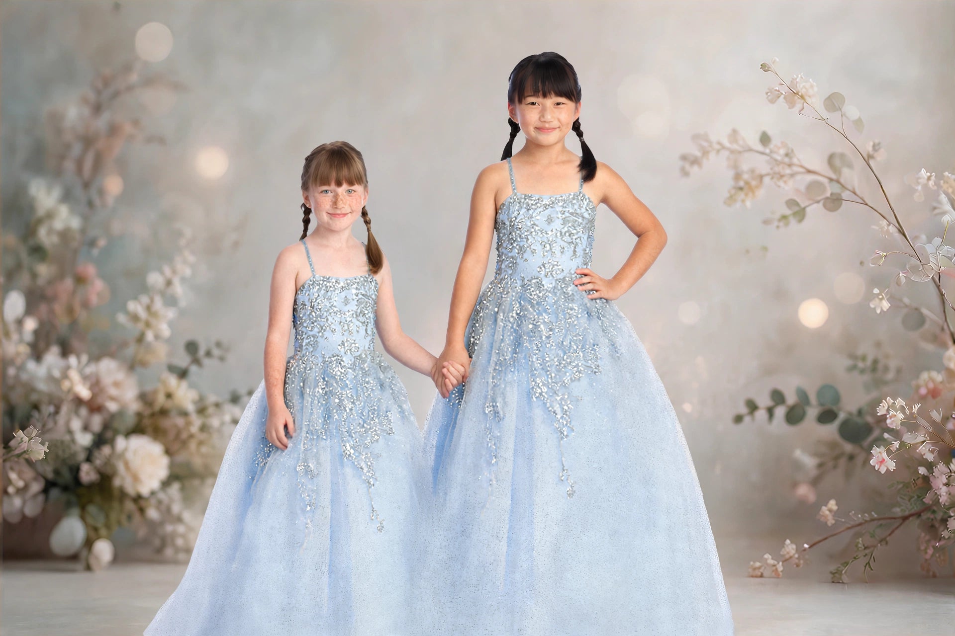 Celeste - Ice Blue Glitter Tulle Ball Gown with Silver Sequin Appliqué & Corset Lace-Up Back