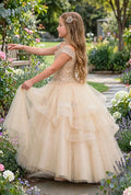 Arabella - Champagne Lace Bodice & Layered Ruffle Tulle Ball Gown | Flower Girl Dress