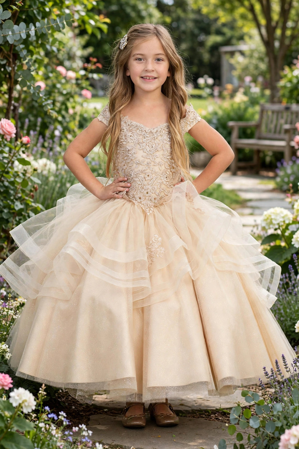 Arabella - Champagne Lace Bodice & Layered Ruffle Tulle Ball Gown | Flower Girl Dress