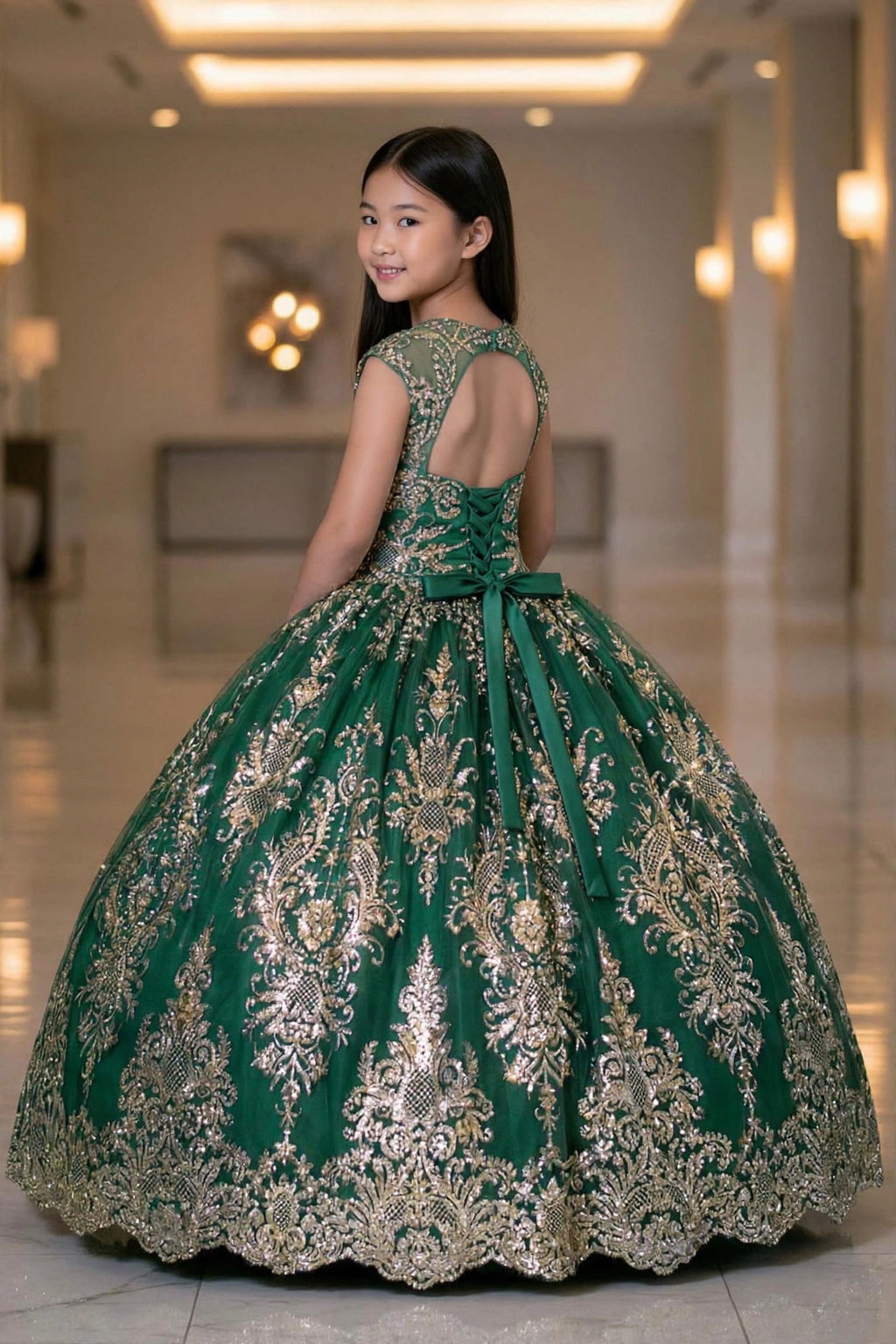 "Emerald Enchantress" – Royal Green & Gold Baroque Ball Gown with Sheer Illusion Straps